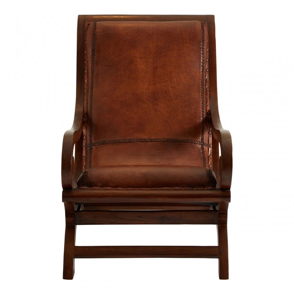 Toby Chair with Footstool, Leather, Teak, Brown