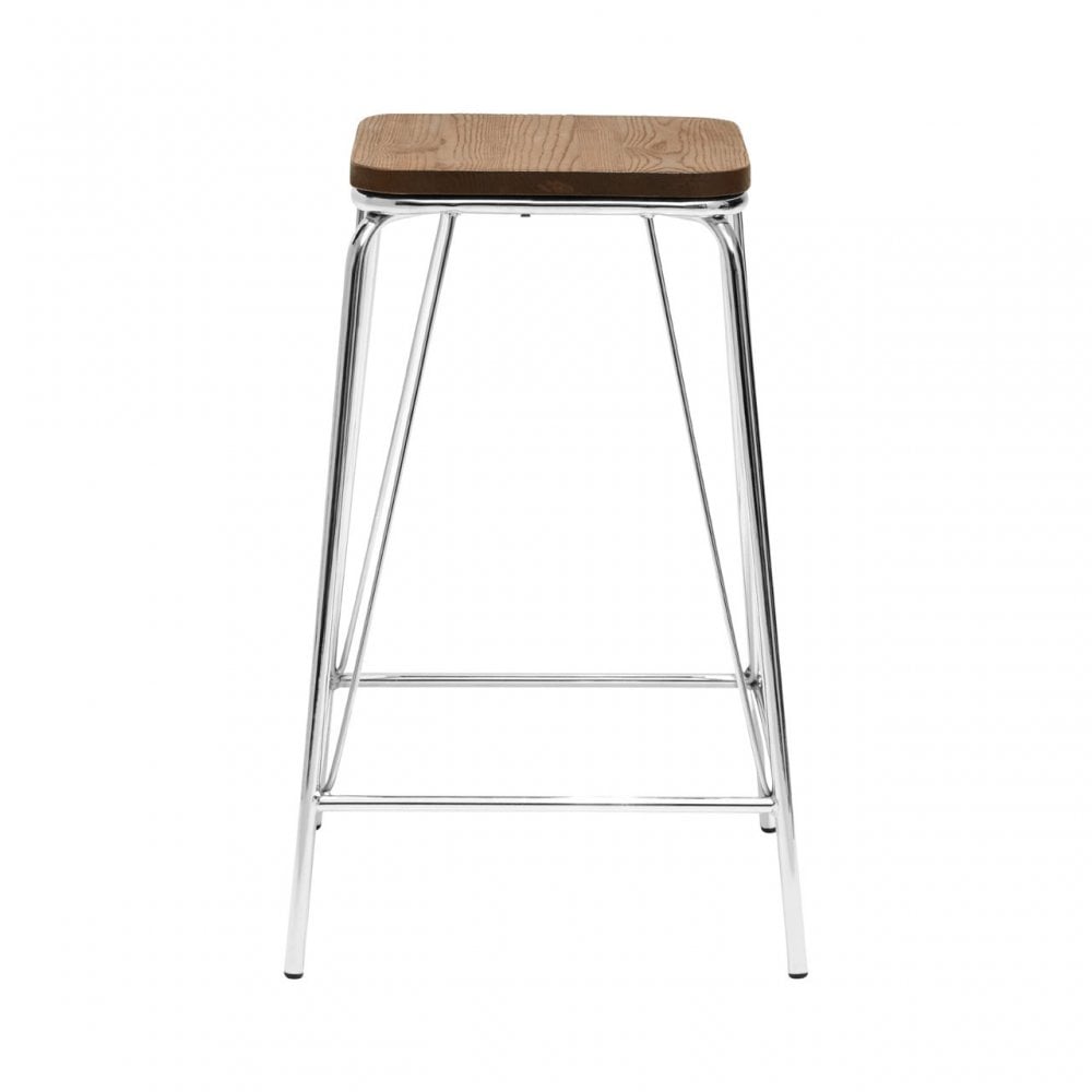 Brock Chrome Metal and Elm Wood Stool, Chromed Elm Wood, Silver