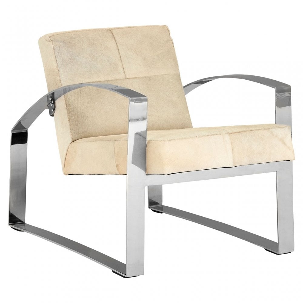 Tuskin Chair with Steel Legs, Leather, Stainless Steel, Cream