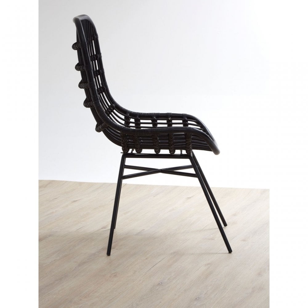 Lagom Curved Black Chair with Iron Legs, Iron, Rattan, Black