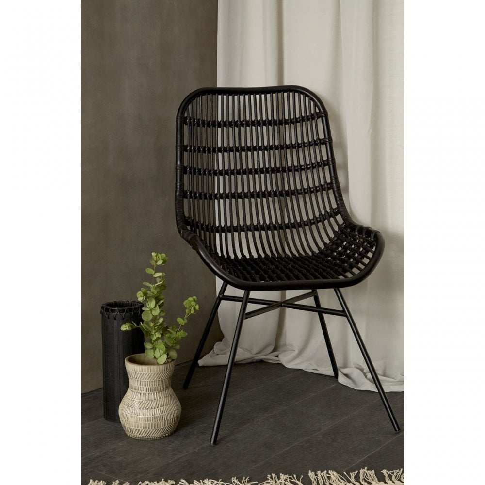 Lagom Curved Black Chair with Iron Legs, Iron, Rattan, Black