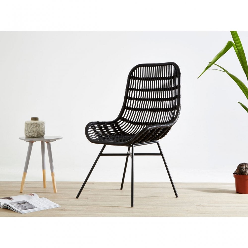 Lagom Curved Black Chair with Iron Legs, Iron, Rattan, Black
