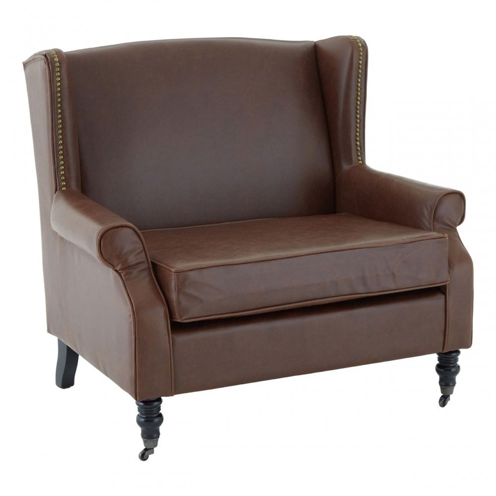 Fulham Double Wing Chair, Birchwood, Leather Effect, Brown