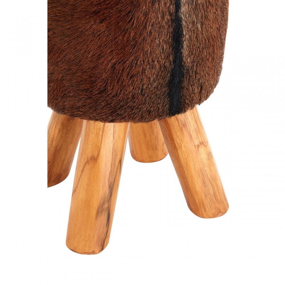 Toby Brown Goat Hide Round Stool, Foam, Goat Hide, Teak, Brown