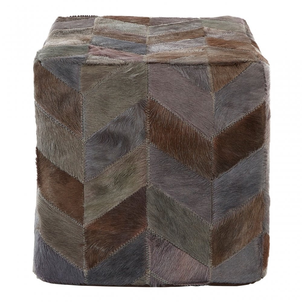 Safira Light Grey Patchwork Pouffe, Leather, Thermocol Beens, Multi-Coloured