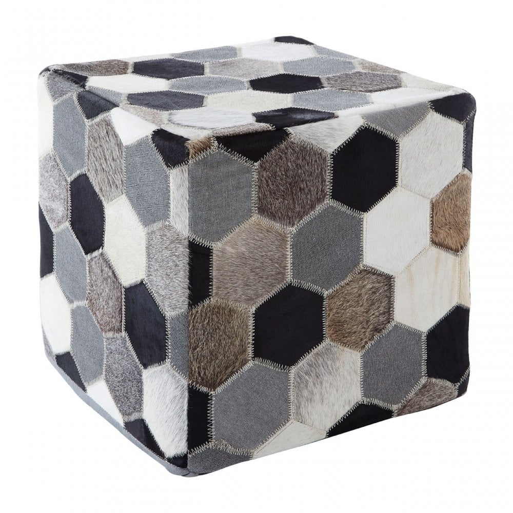 Safira Black / White / Grey Patchwork Pouffe, Leather, Thermocol Beens, Multi-Coloured
