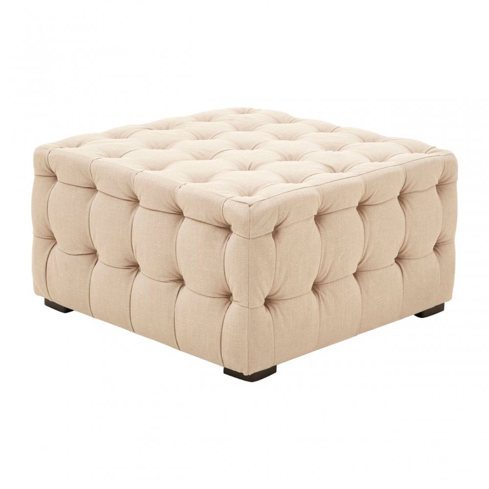 Stella Beige Linen Button Tufted Footstool, Foam, Plywood, Wood, Beige
