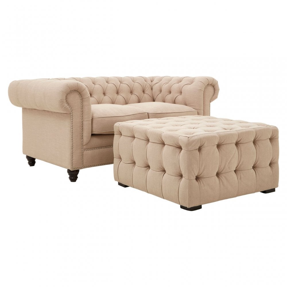 Stella Beige Linen Button Tufted Footstool, Foam, Plywood, Wood, Beige