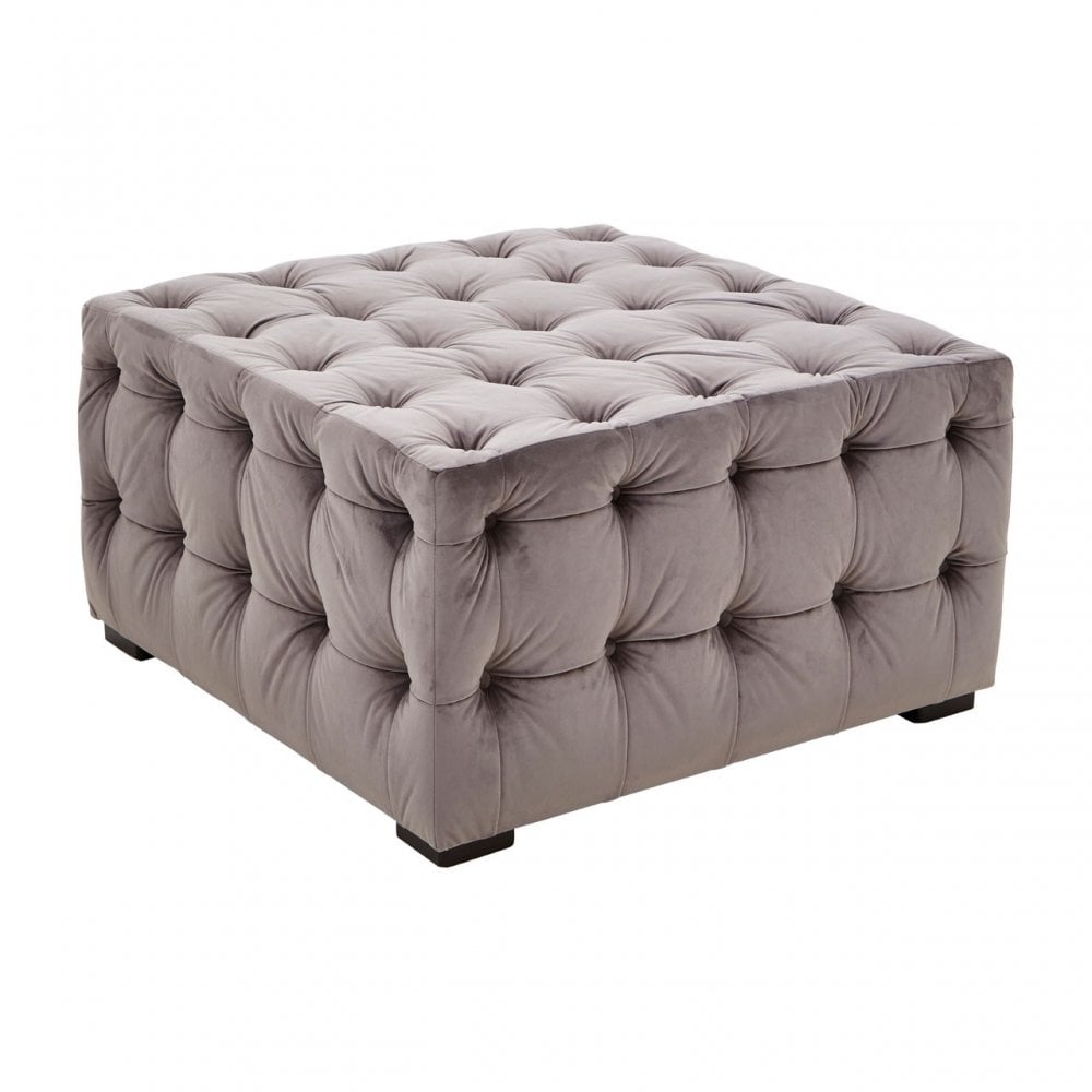 Stella Grey Velvet Button Tufted Footstool, Foam, Plywood, Wood, Grey