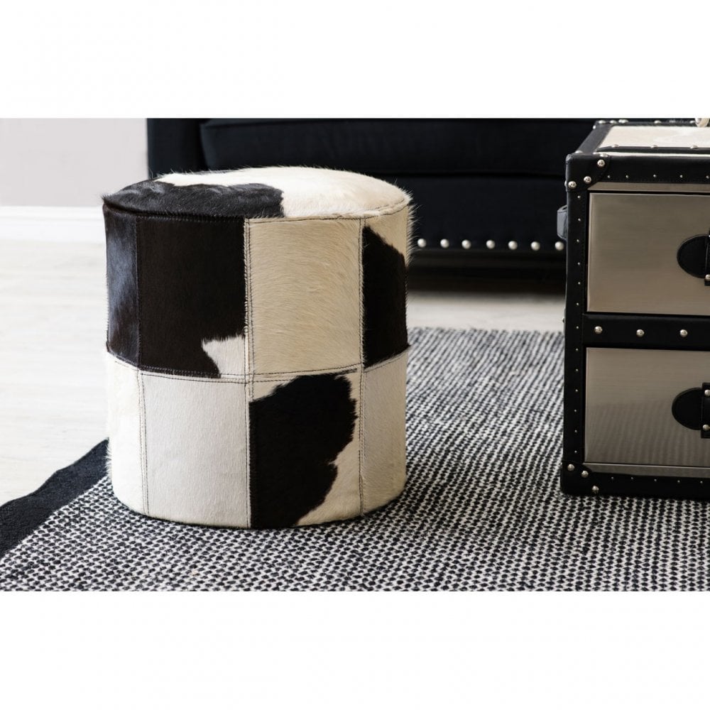 Black / White Genuine Cowhide Ottoman, Cowhide, Stainless Steel, Black