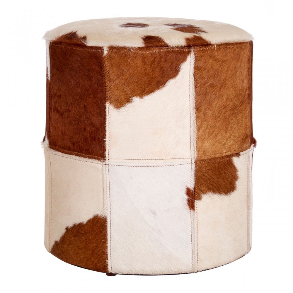 Brown / White Genuine Cowhide Ottoman, Cowhide, Stainless Steel, Brown