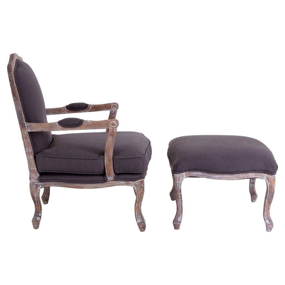Rococo Chair & Footstool, Birchwood, Linen Mix, Grey
