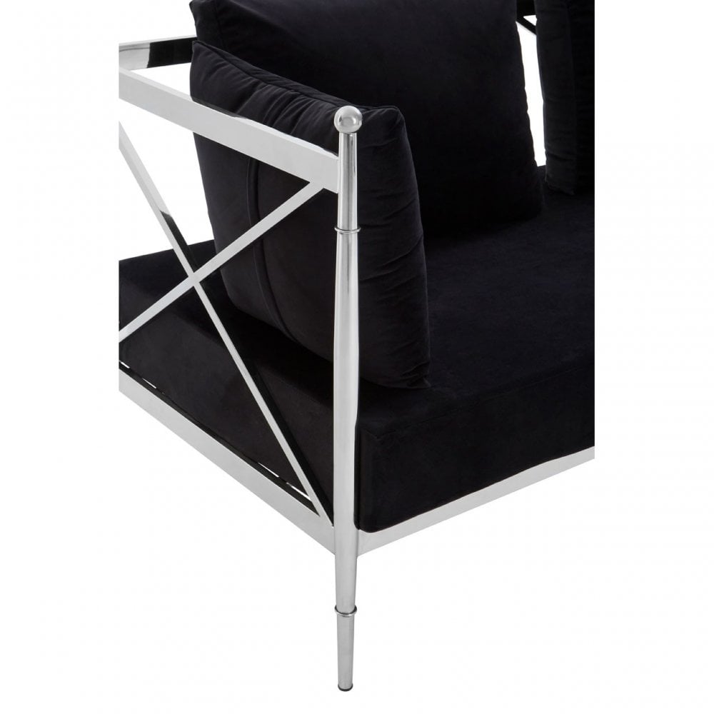 Donal 2 Seat Sofa with Silver Lattice Arms, Steel, Velvet, Black