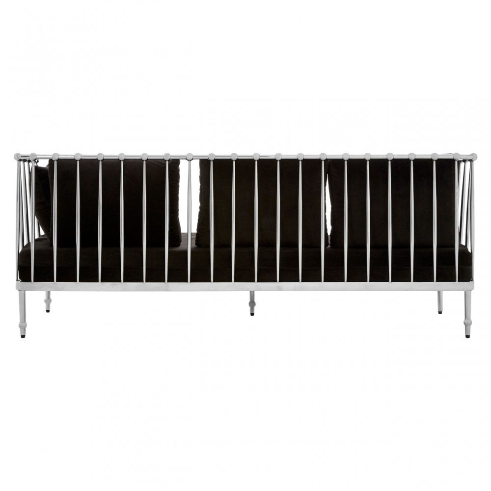 Donal 3 Seat Silver Finish Tapered Arms Sofa, Steel, Velour, Silver