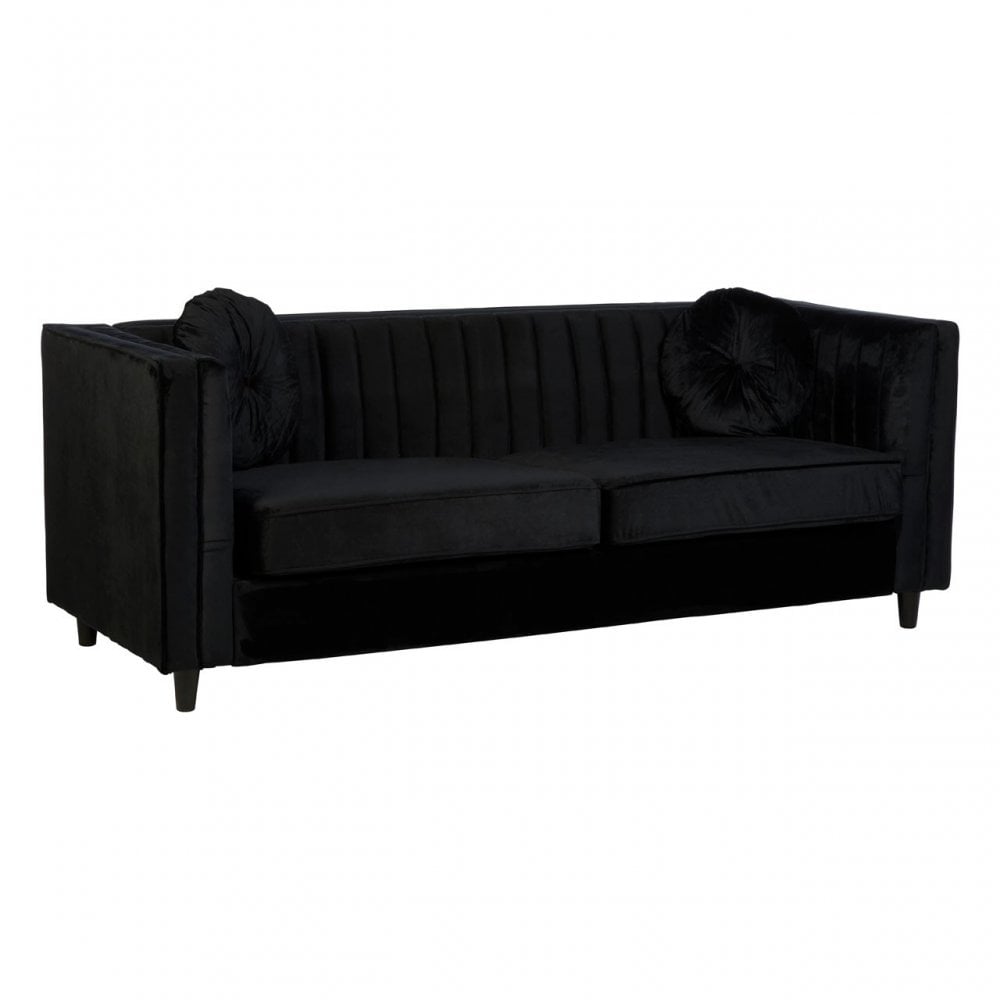 Farah 3 Seat Black Velvet Sofa, Eucalyptus Wood, Sponge, Wood, Black