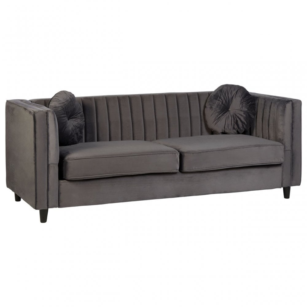 Farah 3 Seat Grey Velvet Sofa, Eucalyptus Wood, Sponge, Wood, Grey