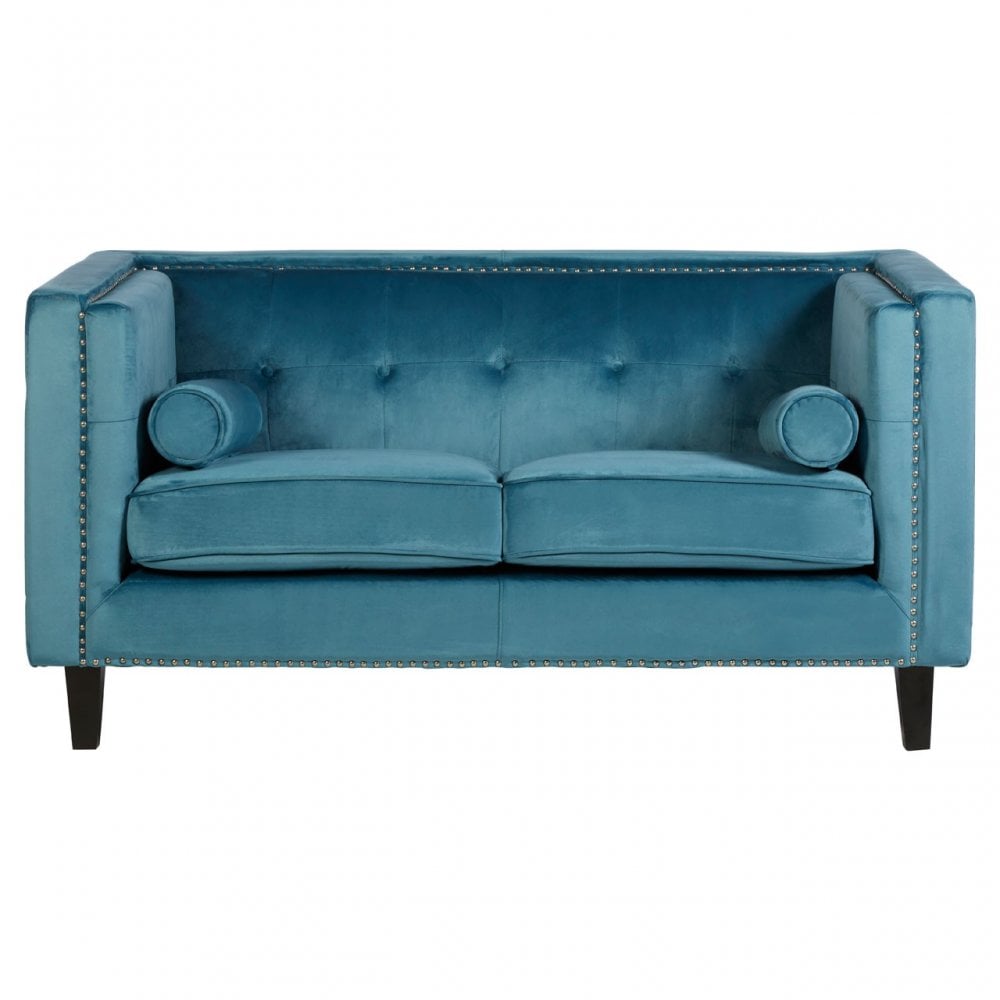 Flick 2 Seat Blue Velvet Sofa, Eucalyptus Wood, Wood, Blue