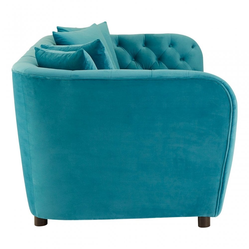Riva Cyan Velvet 3 Seat Sofa with Tufted Detail and Pine Wood Legs