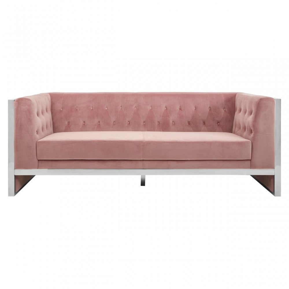Chiqui 3 Seat Pink Velvet Sofa, Stainless Steel, Pink