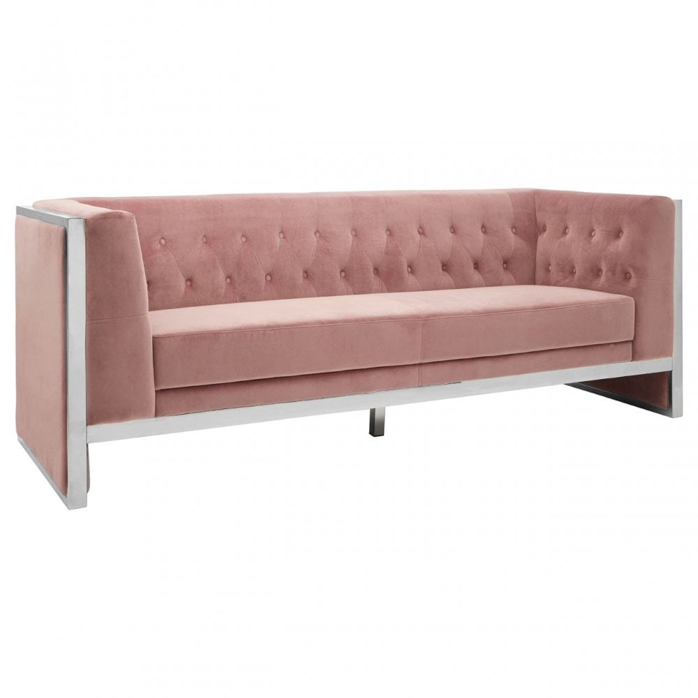 Chiqui 3 Seat Pink Velvet Sofa, Stainless Steel, Pink