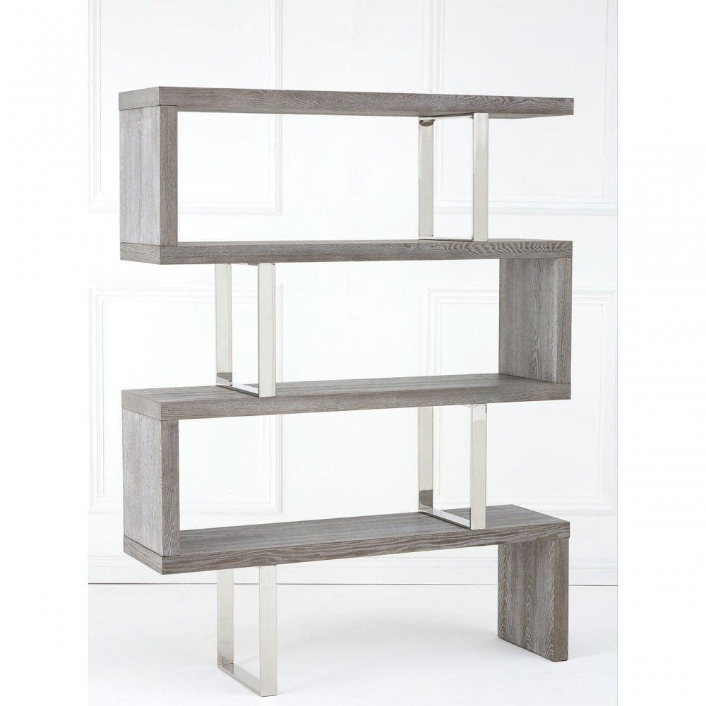 Grey Elm Wood 4 Tier Bookshelf, Stainless Steel, Elm Wood, Grey