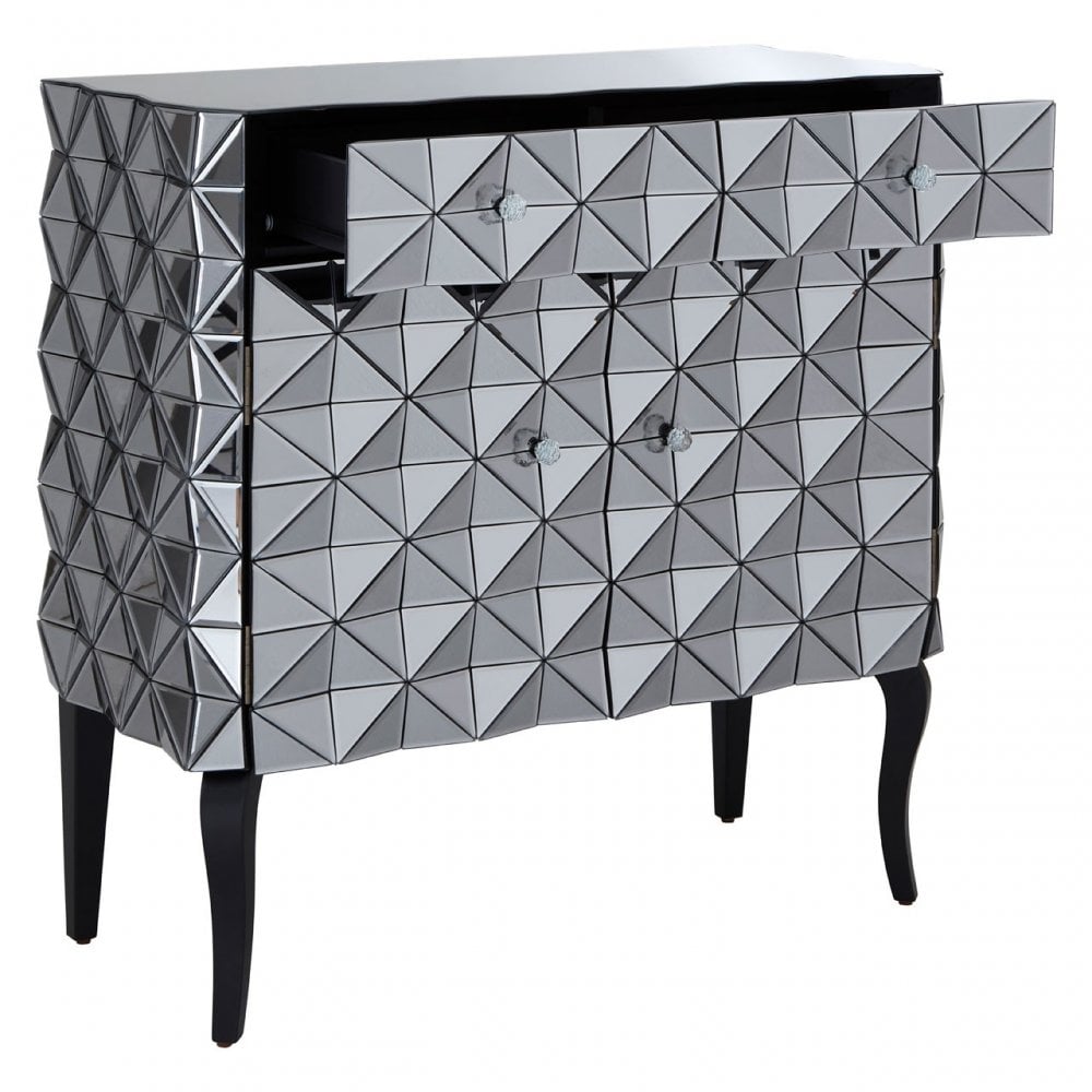 Soho Silver Finish Cabinet, Wood, Mirrored Glass, Wood, Silver