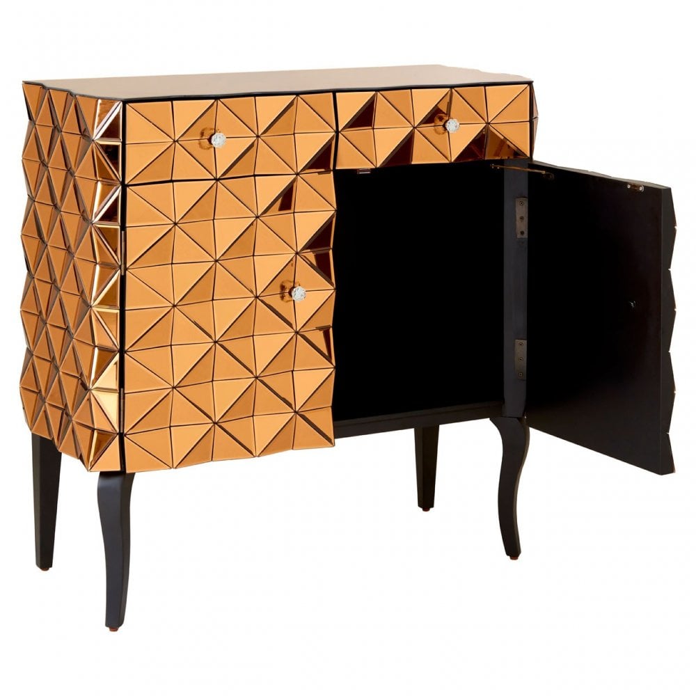 Soho Copper Finish Cabinet, Wood, Mirrored Glass, Wood, Copper