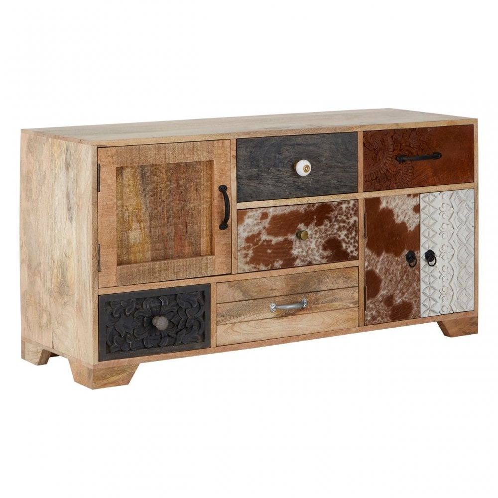 Marwar Low Sideboard, Leather, Mango Wood, Multi-Coloured