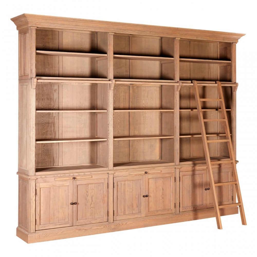 Brisbane 3 Section Bookcase with Ladder, Oak Wood, Plywood, Brown
