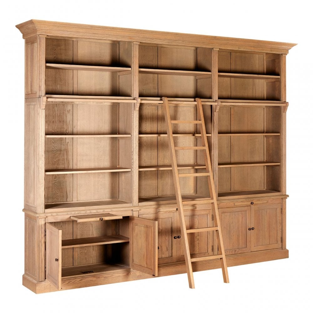 Brisbane 3 Section Bookcase with Ladder, Oak Wood, Plywood, Brown