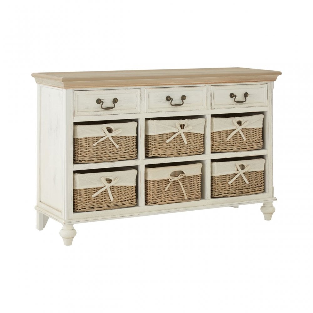 Hendra Cabinet with 6 Willow Baskets, Cotton, Paulownia Wood, Willow, Fir Wood Veneer, White
