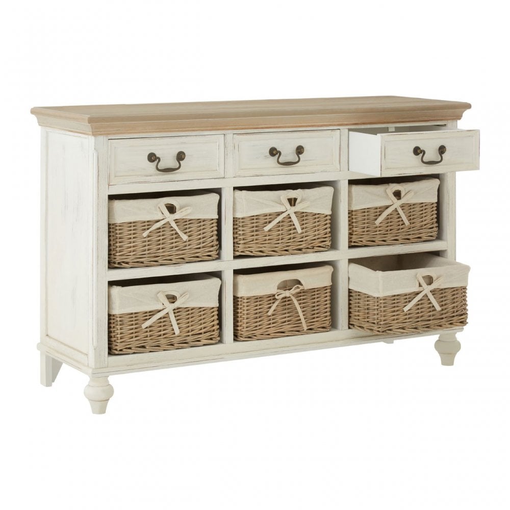 Hendra Cabinet with 6 Willow Baskets, Cotton, Paulownia Wood, Willow, Fir Wood Veneer, White