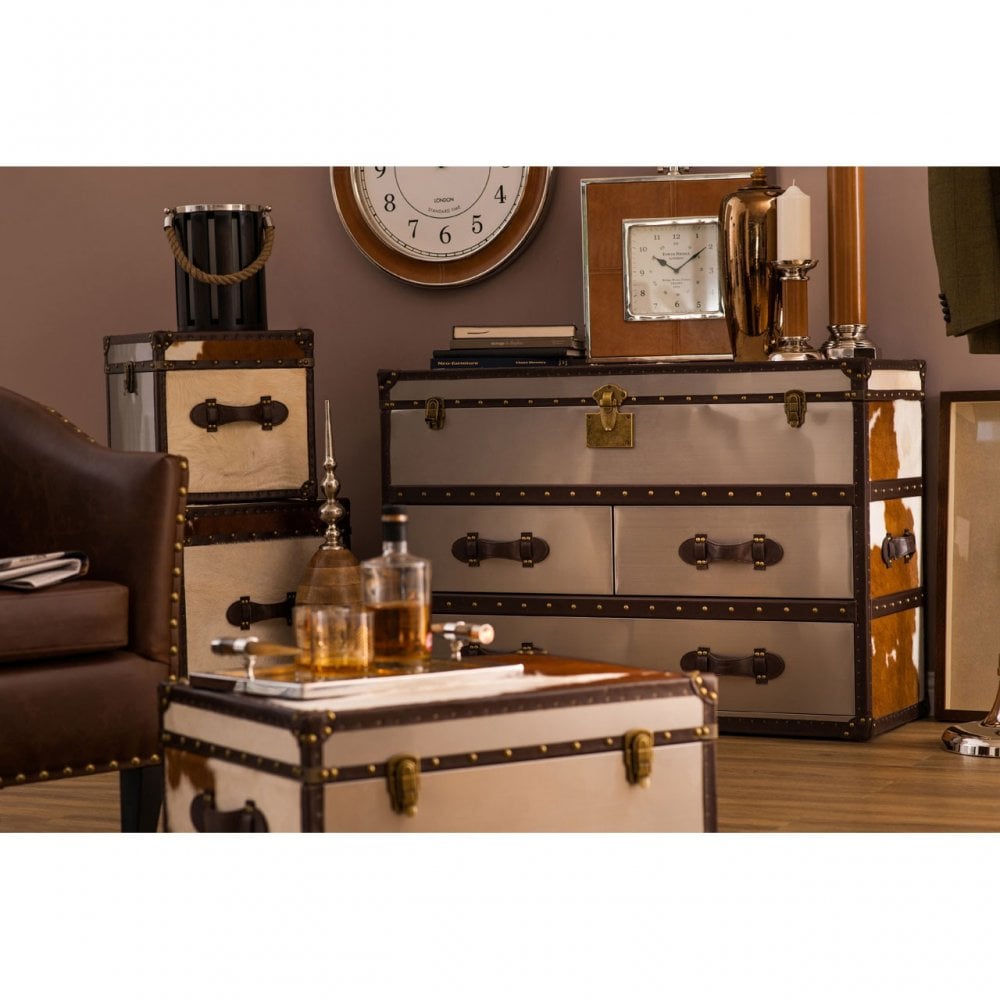 Brown / White Genuine Cowhide 3 Drawer Cabinet, Cowhide, Stainless Steel, Brown