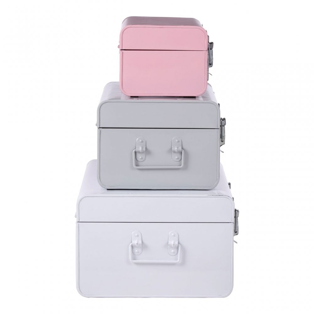 Set of 3 Assorted Colors Storage Trunks, Galvanised Iron
