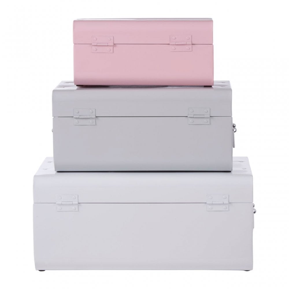 Set of 3 Assorted Colors Storage Trunks, Galvanised Iron