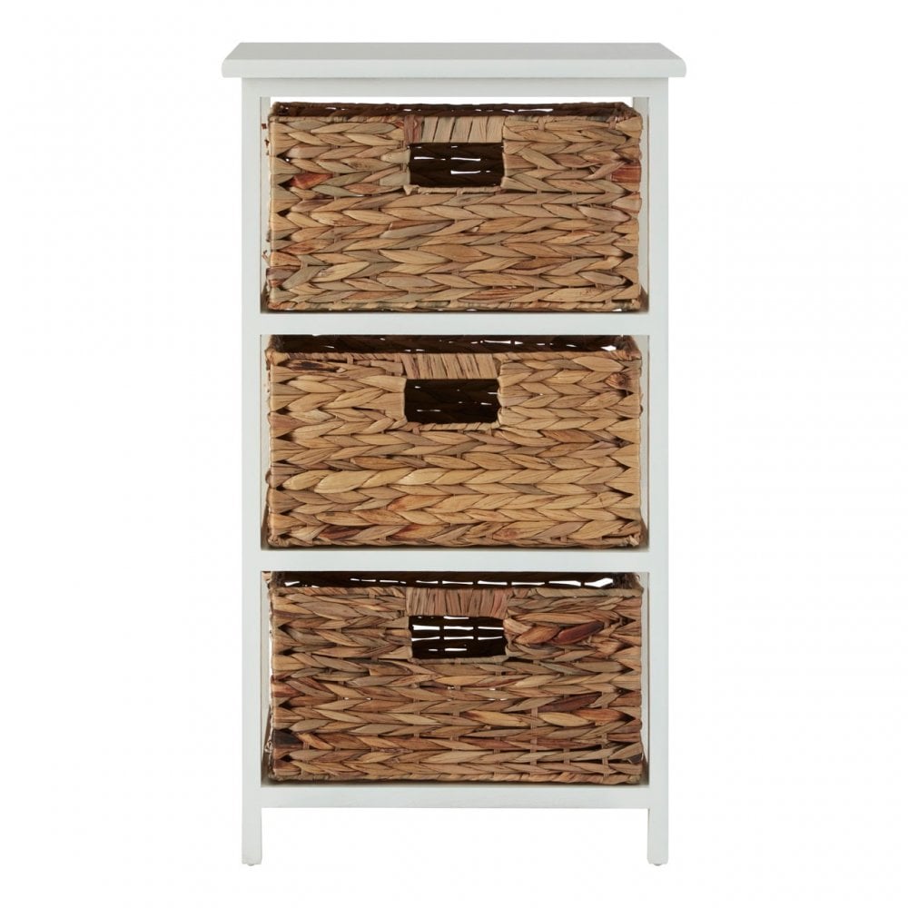 Padstow 3 Drawer White Frame Storage Unit, Paulownia Wood, Water Hyacinth, White