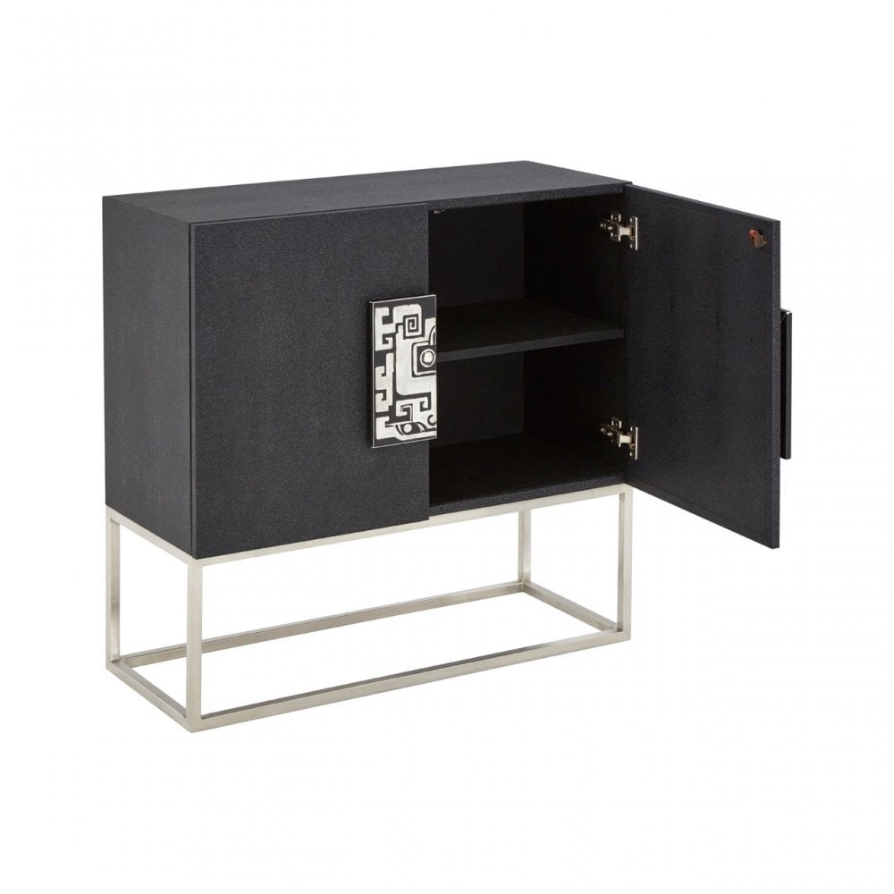 Pacific Black Faux Shark Skin Large Cabinet, Wood, Stainless Steel, Silver