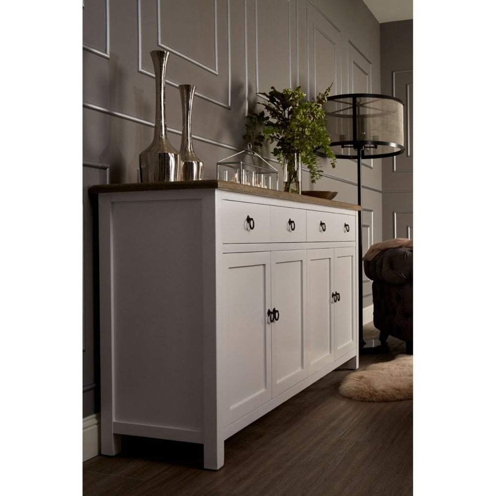 Townhouse 4 Doors / 4 Drawers Sideboard, Oak Wood, Veneer, Birchwood, White