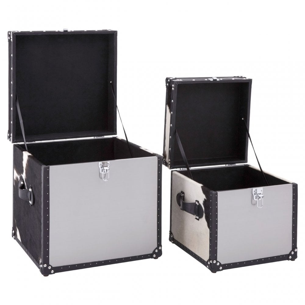 Black / White Genuine Cowhide Storage Trunk Set, Cowhide, Stainless Steel, Black