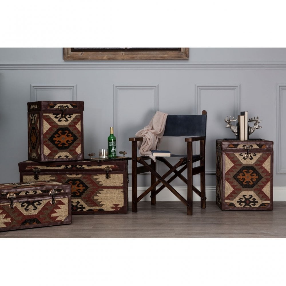 Multi Print Side Table Trunks, Cotton, Galvanised Iron, Jute, Multi-Coloured