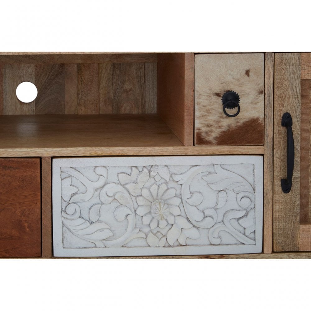 Marwar Mango Wood Media Unit, Leather, Mango Wood, Multi-Coloured