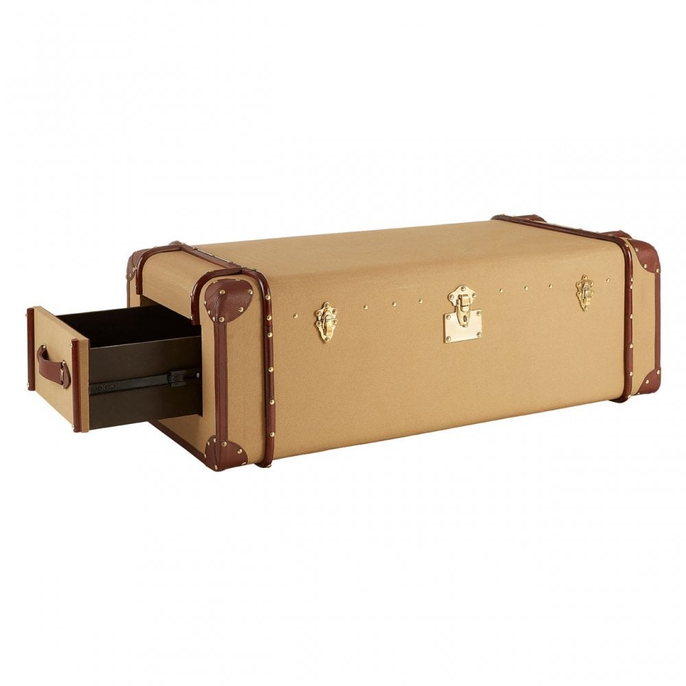 Columbus Leather Trim Canvas Coffee Table, Canvas, Mango Wood, Natural