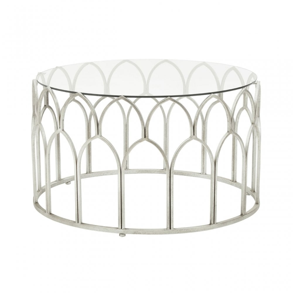 Merlin Silver Leaf Coffee Table, Tempered Glass, Iron, Silver
