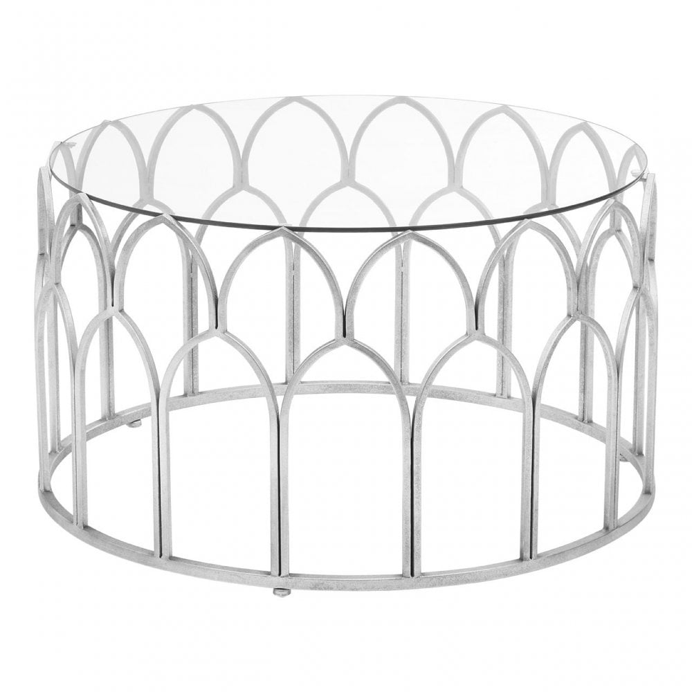 Merlin Silver Leaf Coffee Table, Tempered Glass, Iron, Silver