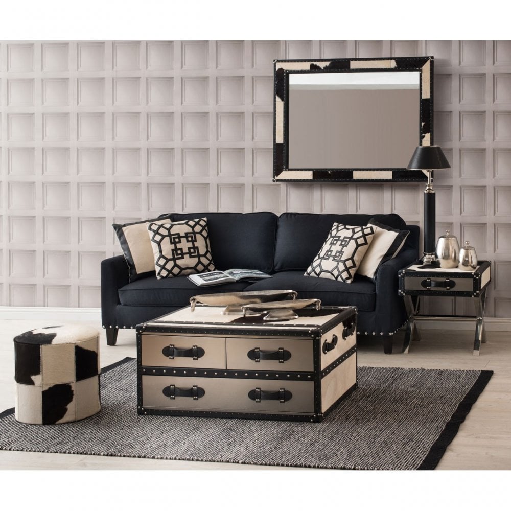 Black / White Genuine Cowhide Coffee Table, Cowhide, Stainless Steel, Black