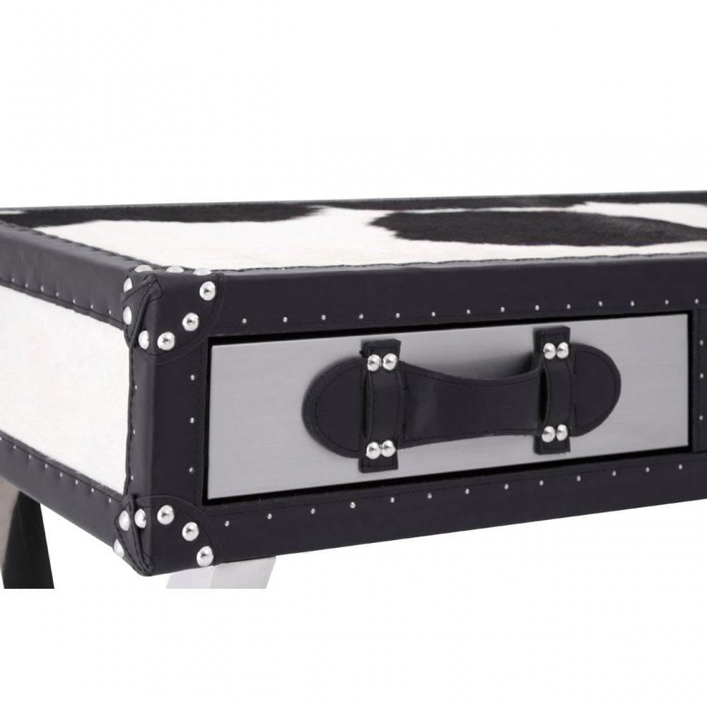 Black / White Genuine Cowhide Console Table, Cowhide, Stainless Steel, Black