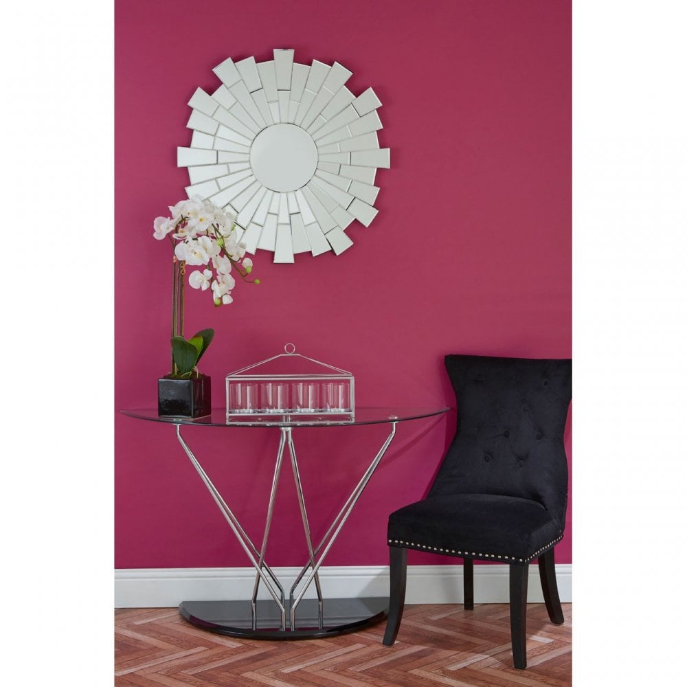 Halo Half Moon Console Table, Chromed Glass, Black