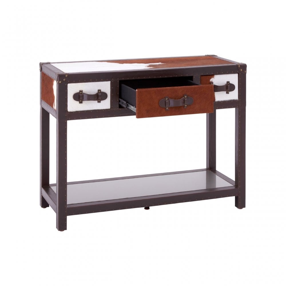 Brown / White Genuine Cowhide 3 Drawer Table, Cowhide, Stainless Steel, Brown