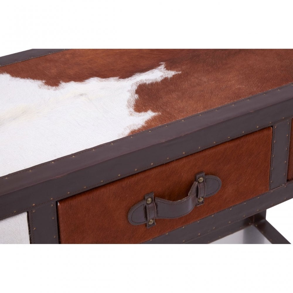 Brown / White Genuine Cowhide 3 Drawer Table, Cowhide, Stainless Steel, Brown