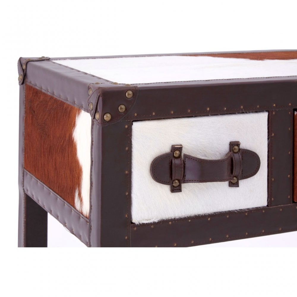 Brown / White Genuine Cowhide 3 Drawer Table, Cowhide, Stainless Steel, Brown